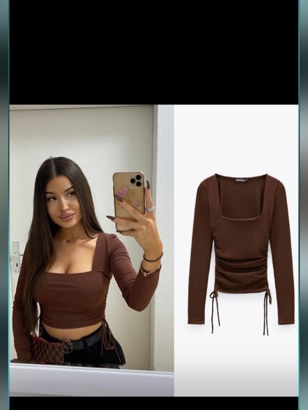 Zara Square Neckline Ruched Long Sleeves Top